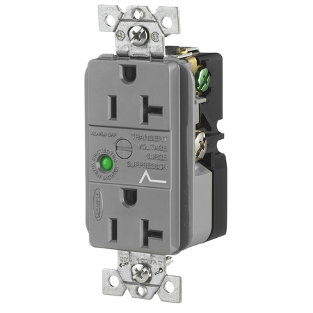 HUBBELL WIRING DEVICE-KELLEMS Surge Protective Devices, SPIKESHIELD TVSS Duplex Receptacle with Light and Alarm, 20A 125V, 5-20R, Gray HBL5362GYSA